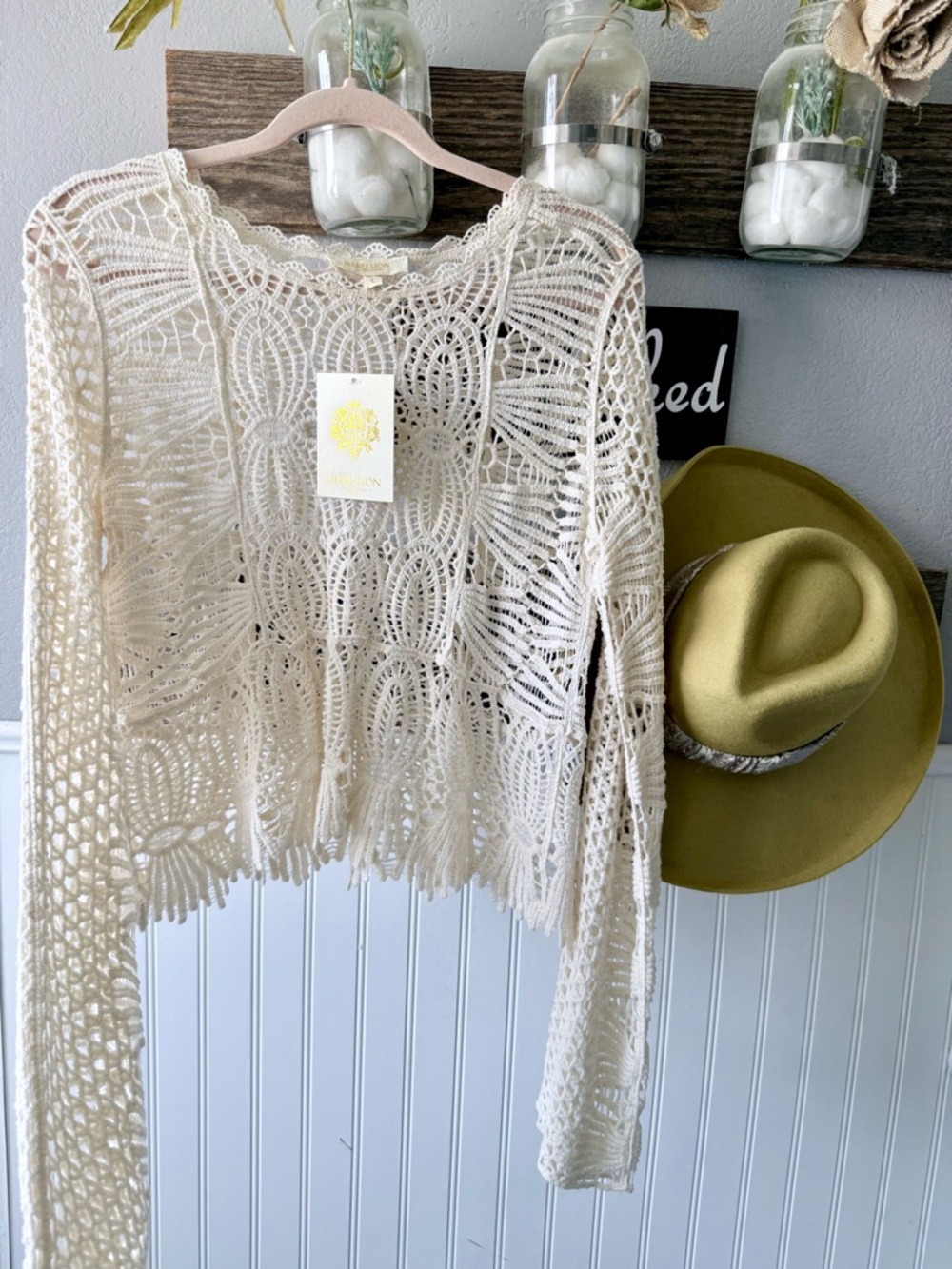 Rebellion Cream Crochet Openwork Top with Lace Detail